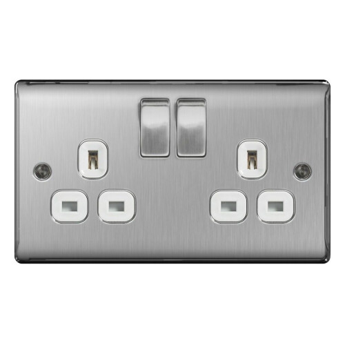 BG 13a 2 Gang Switch Socket Brushed Steel With White Inserts [NBS22W]