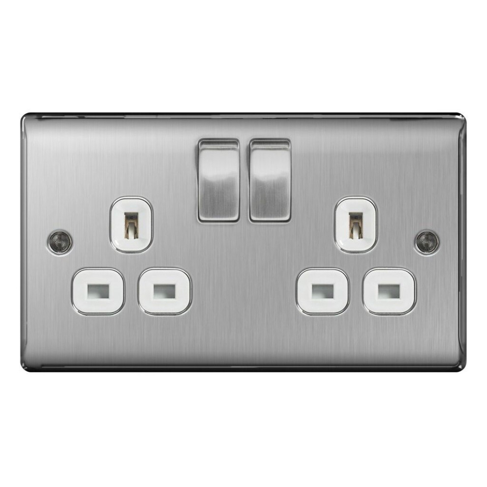 Bg 13A 2 Gang Switch Socket Brushed Steel With White Inserts [Nbs22w] 5050765028394