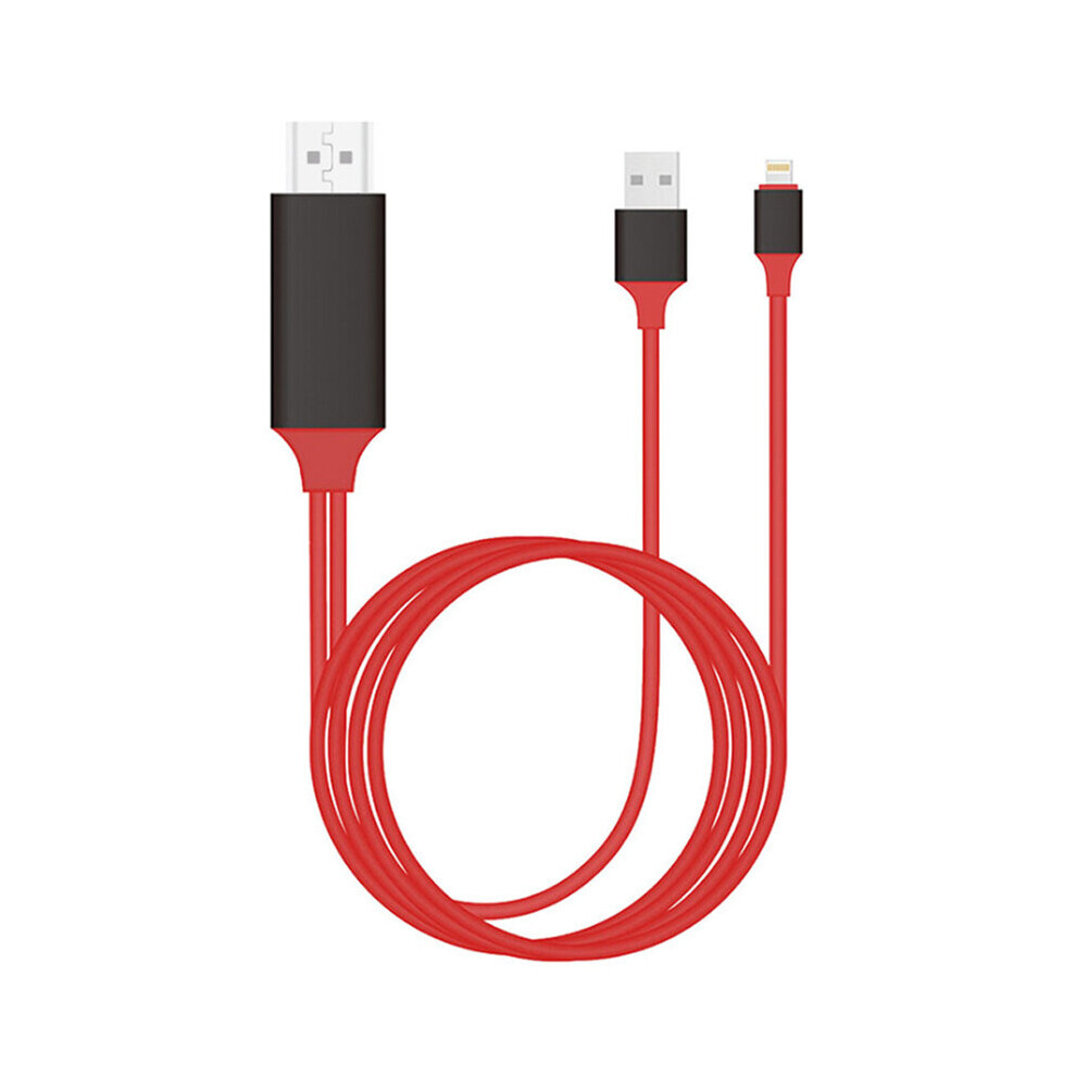 (Red) For iPhone iPad Screen TV Lightning to HDMI Cable HD Adapter USB Charger Lead 2M