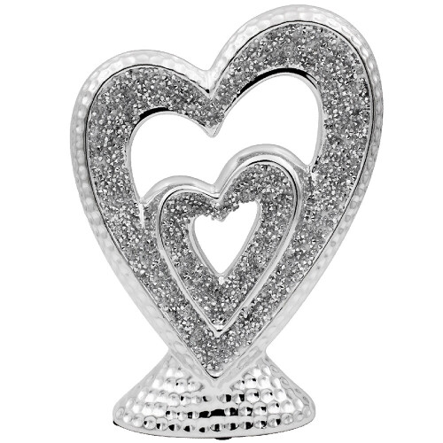 Silver Sparkle Diamante Sculpture Indoor Heart Ornament Decorative Art Statue
