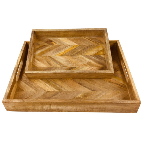 Herringbone Square Wood Rustic Trays Set of 2 1