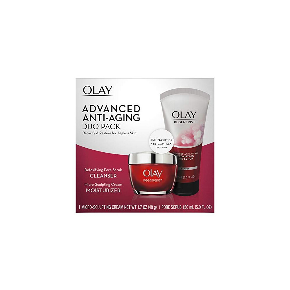 Face Wash by Olay Regenerist Advanced Anti-Aging Pore Scrub Cleanser (5.0 Oz) and Micro-Sculpting Face Moisturizer Cream (1.7 Oz) Skin Care Duo Pack,