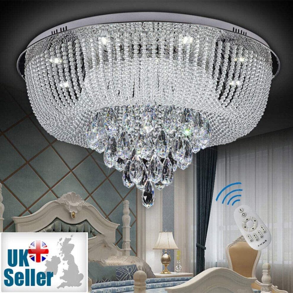 Crystal Palace (65Cm 27W) 6161 Modern Genuine K9 Crystal Led Round Flush Ceiling Chandelier 3 Colours + Remote Control Light