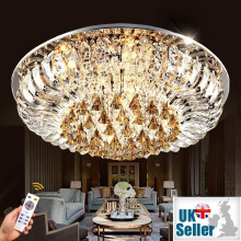(Champagne, 50cm) Geniune K9 Crystal LED Round Flush Ceiling Light Chandelier 3 Colours + Bluetooth Speakers + Remote Control
