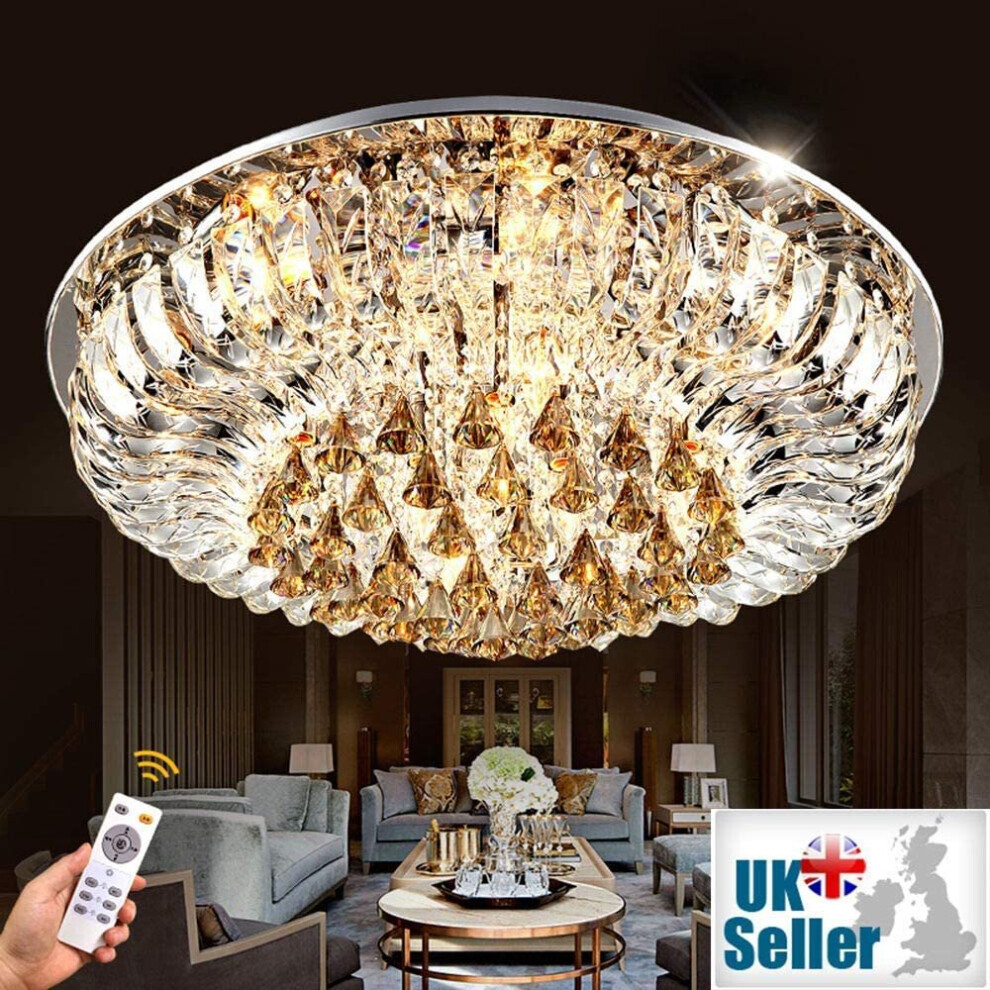 Wdw (Champagne, 65Cm) Geniune K9 Crystal Led Round Flush Ceiling Chandelier 3 Colours + Bluetooth Speakers + Remote Control Light