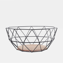 KI6809: Black Wire Fruit/Storage Bowl with Wooden Base - Geometric Metal Centerpiece for Fruit & Snacks on Your Countertop