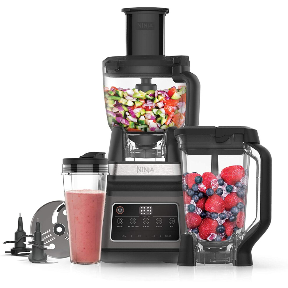 Ninja 3-in-1 Food Processor with Auto-iQ (BN800UK) 1200 W, 1.8 Litre Bowl, 2.1 Litre Jug, 0.7 Litre Cup, Black/Silver