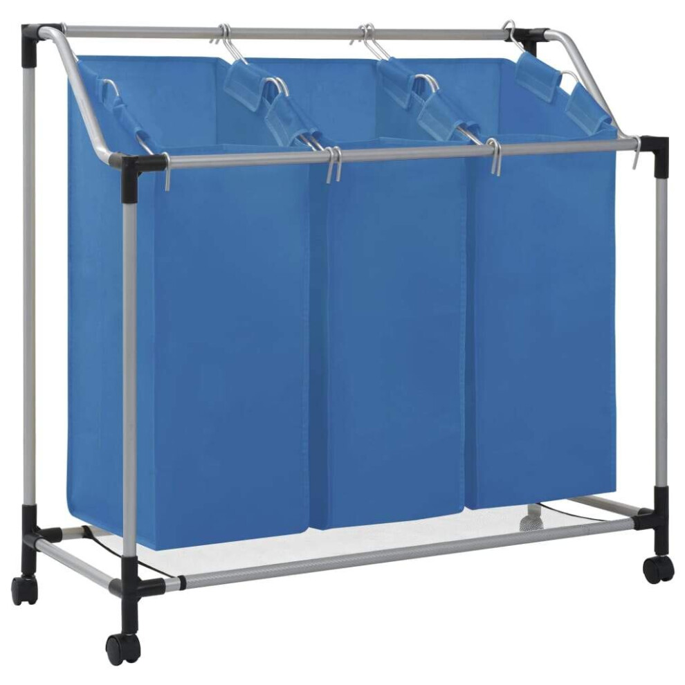 vidaXL Laundry Sorter with 3 Bags Blue Steel Washing Clothes Hamper Basket