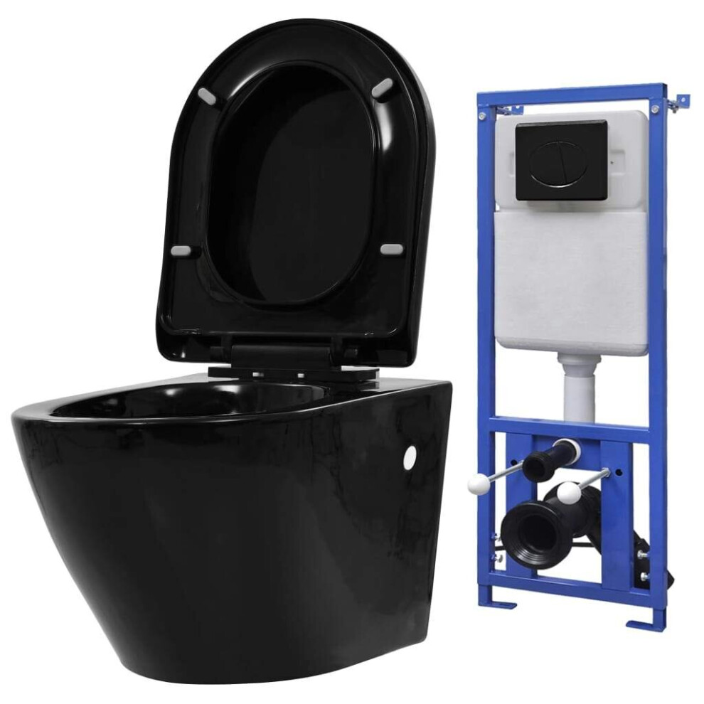 Vidaxl Wall Hung Toilet Wc Pan Soft Close Seat Ceramic Concealed Cistern Black