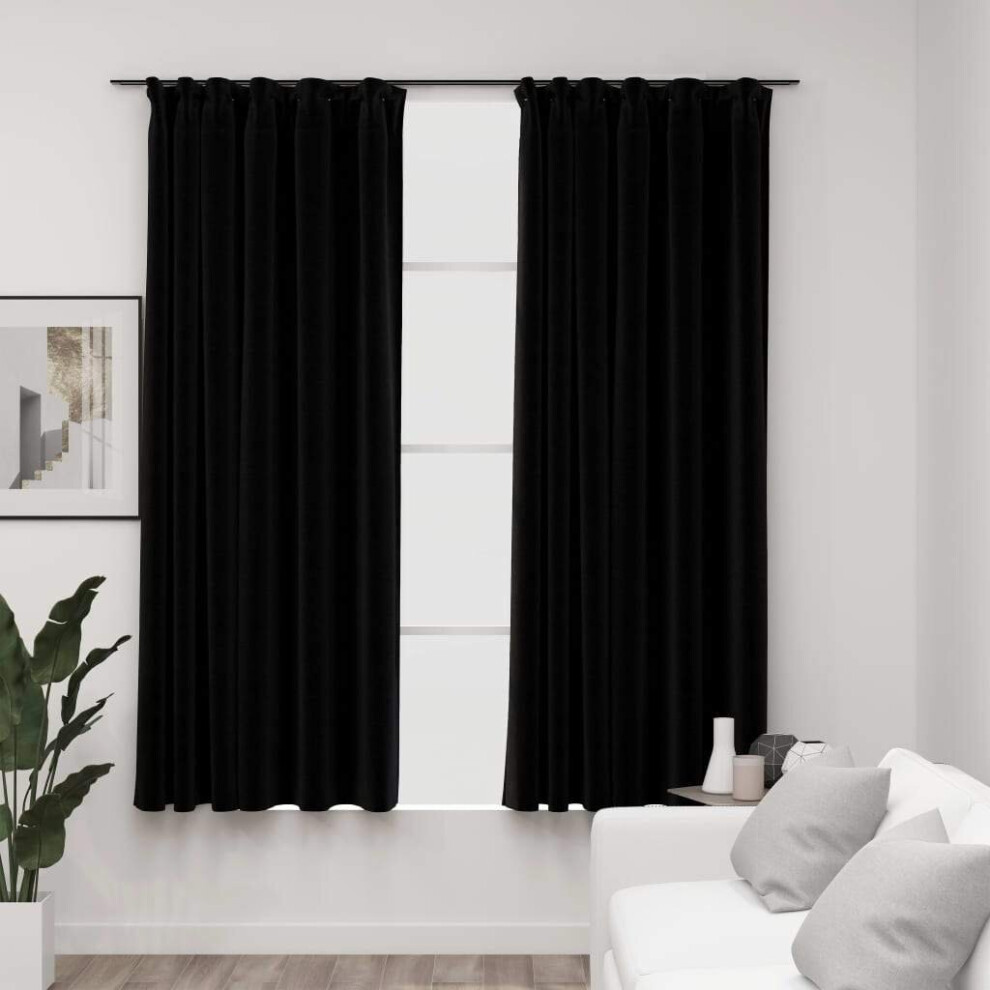 Vidaxl 2X Linen-Look Blackout Curtains With Hooks Black 140X175cm Drape Blind