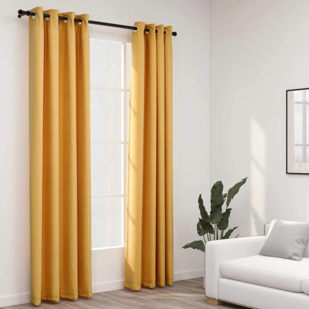 Vidaxl 2X Linen-Look Blackout Curtains With Grommets Yellow Covering Drape