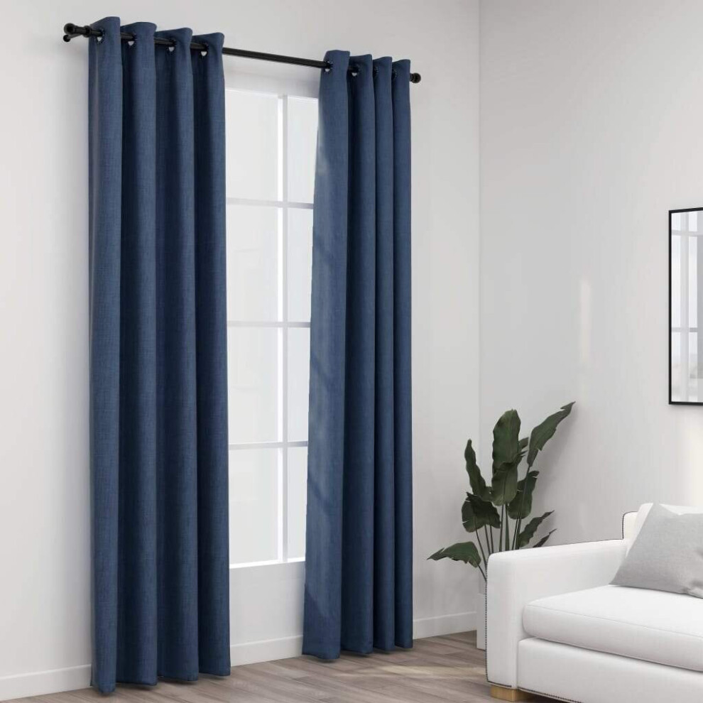Vidaxl 2X Linen-Look Blackout Curtains With Grommets Blue 140X245cm Drape