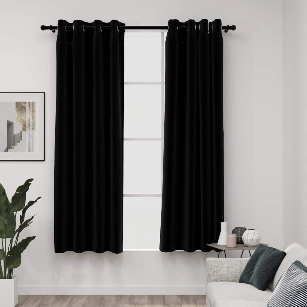 Vidaxl 2X Linen-Look Blackout Curtains With Grommets Black 140X175cm Drape