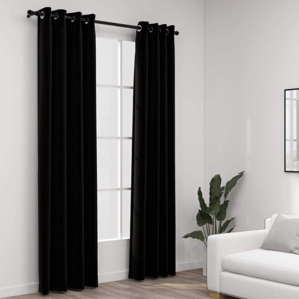 Vidaxl 2X Linen-Look Blackout Curtains With Grommets Black 140X245cm Drape