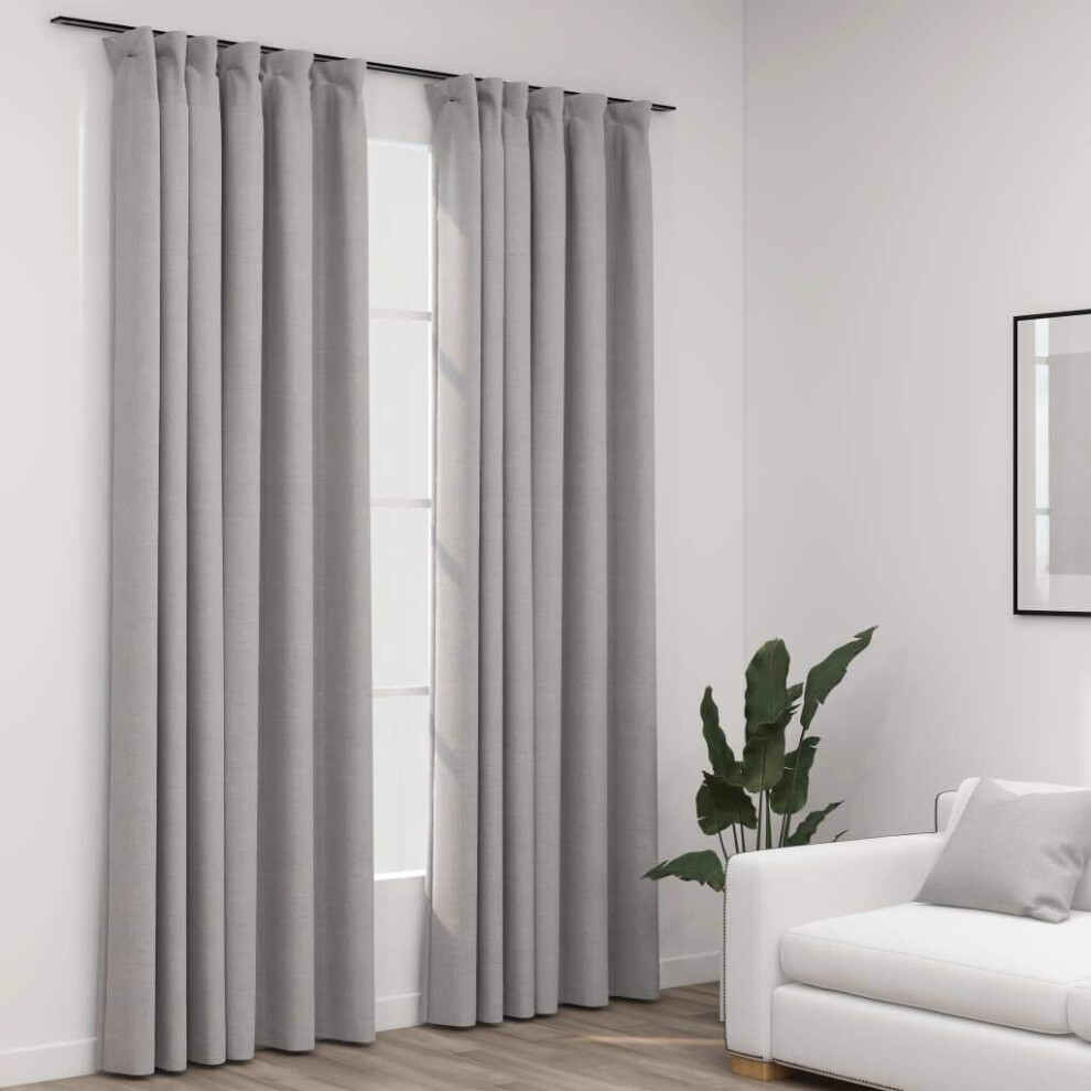 Vidaxl 2X Linen-Look Blackout Curtains With Hooks Grey 140X245cm Drape Blind