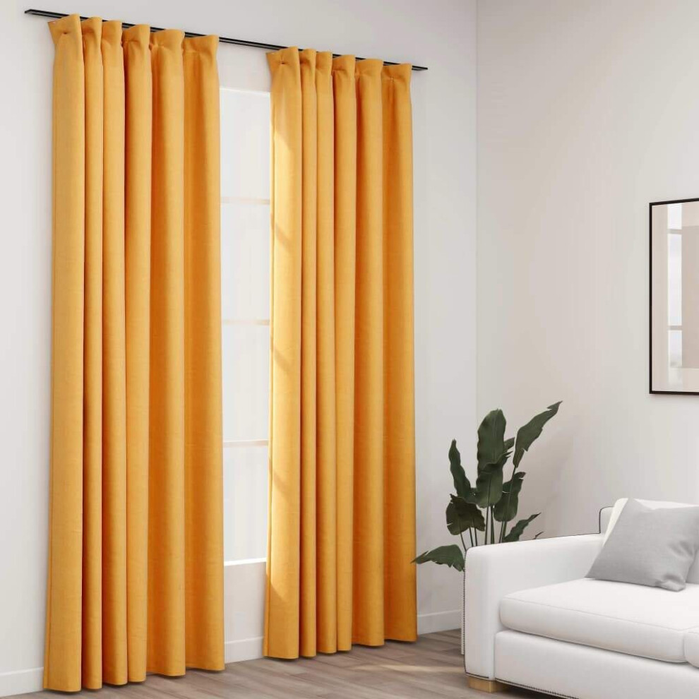 vidaXL 2x Linen-Look Blackout Curtains with Hooks Yellow 140x225cm Drape Blind