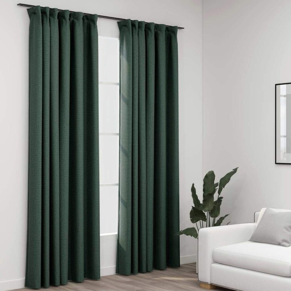 Vidaxl 2X Linen-Look Blackout Curtains With Hooks Green 140X245cm Drape Blind