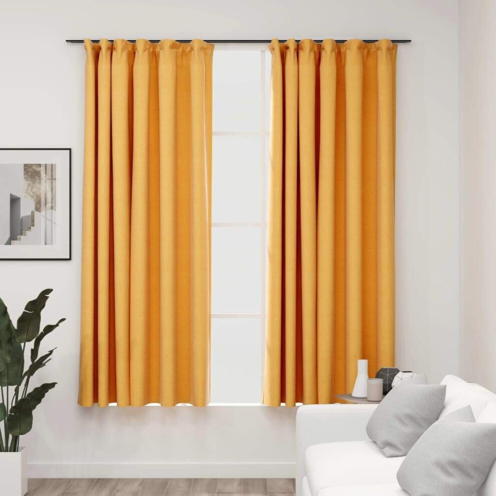 Vidaxl 2X Linen-Look Blackout Curtains With Hooks Yellow 140X175cm Drape Blind