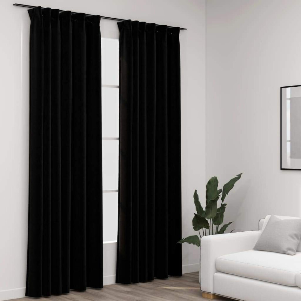Vidaxl 2X Linen-Look Blackout Curtains With Hooks Black 140X225cm Drape Blind