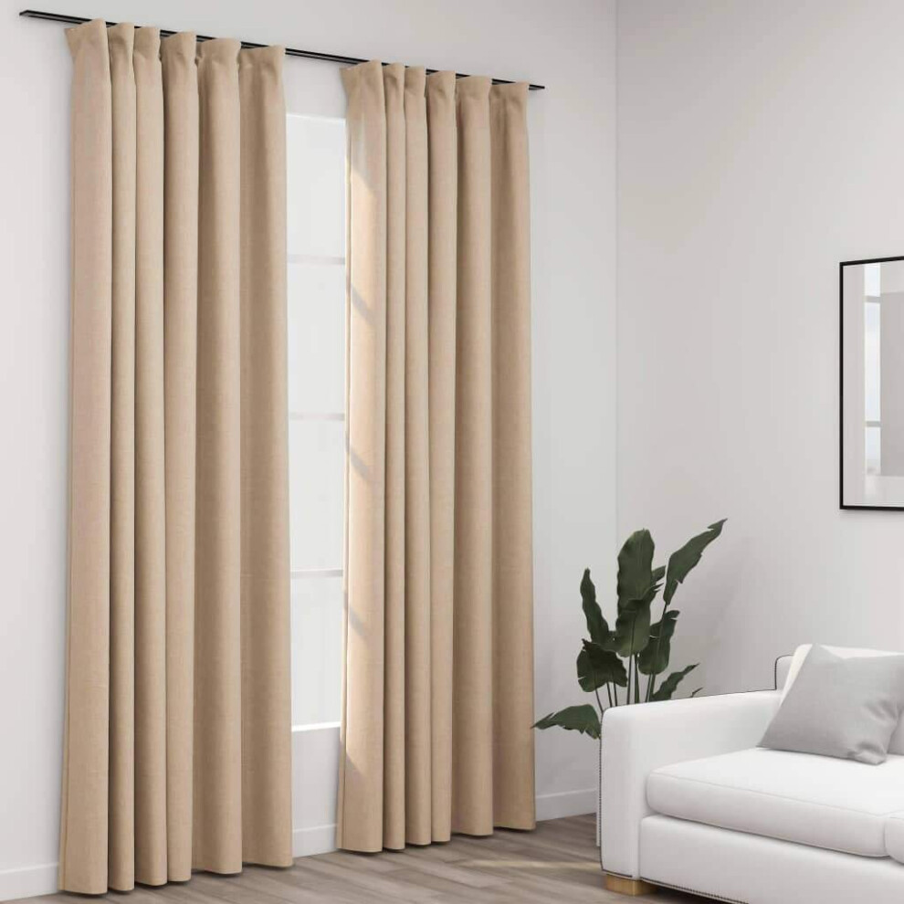 Vidaxl 2X Linen-Look Blackout Curtains With Hooks Beige 140X225cm Drape Blind