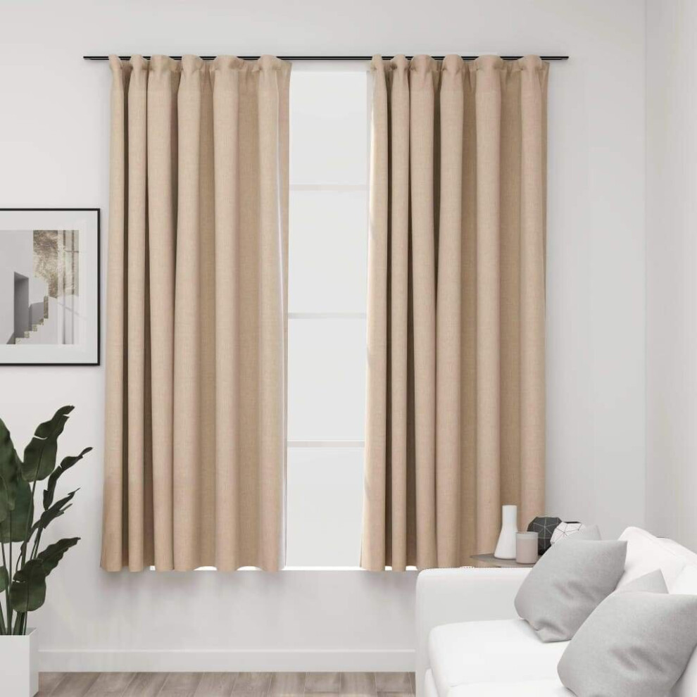 Vidaxl 2X Linen-Look Blackout Curtains With Hooks Beige 140X175cm Drape Blind