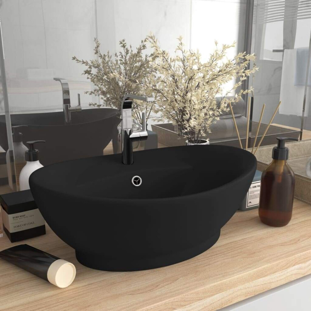 vidaXL Luxury Basin Overflow Oval Matt Black 58.5x39 Cm Ceramic