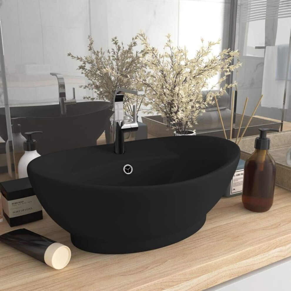vidaXL Luxury Basin Overflow Oval Matt Black Ceramic Washroom Vanity Sink