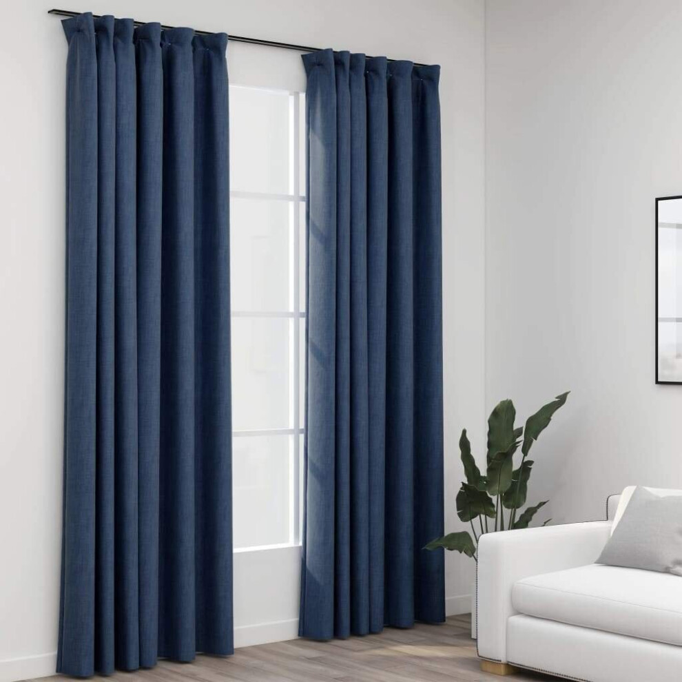 Vidaxl 2X Linen-Look Blackout Curtains With Hooks Blue Blind Window Drape