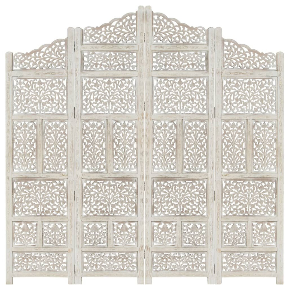 vidaXL Solid Mango Wood Hand carved 4-Panel Room Divider White 160cm Partition