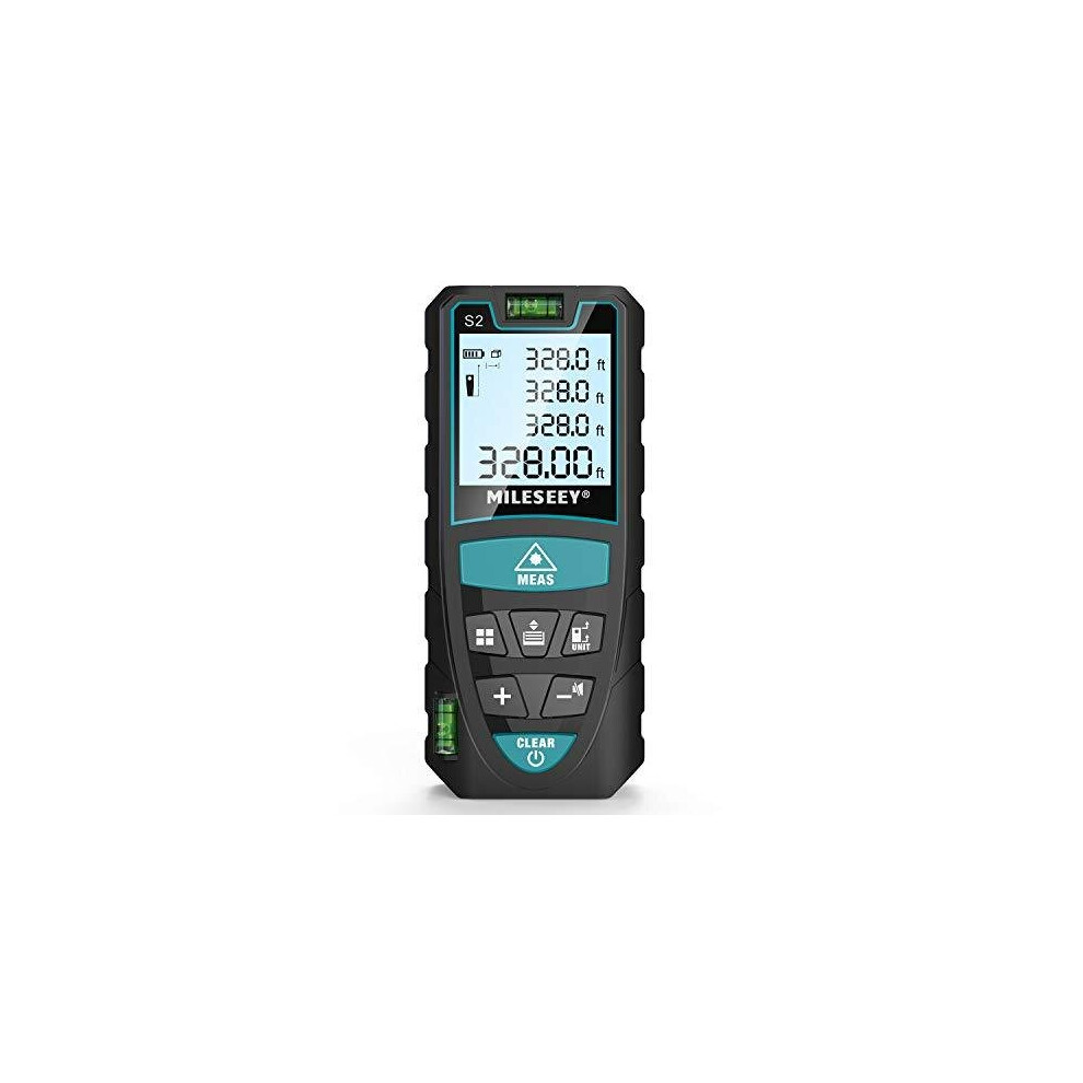 Laser Distance Meter 100M/328ft, Mileseey IP54 Laser Measure with 2 Bubble Levels,Portable Laser Rangefinder Digital Distance Meter with 4 Line LCD