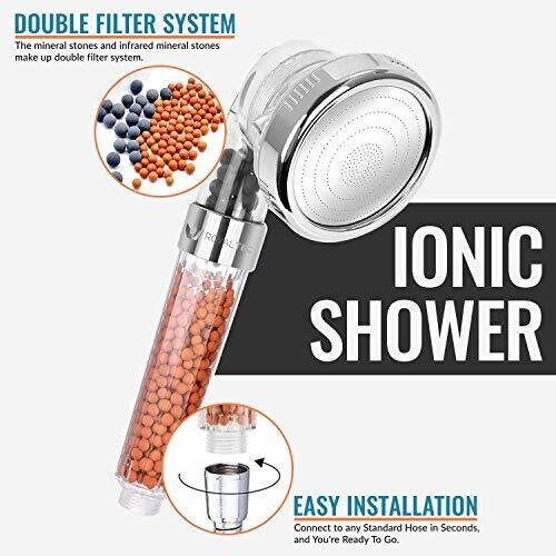 ROYALTEC Ionic Shower Head 3 Way Function, Filter Stone Replacement, Higher Pressure Water Saving, with Spare Replacements Stones 1