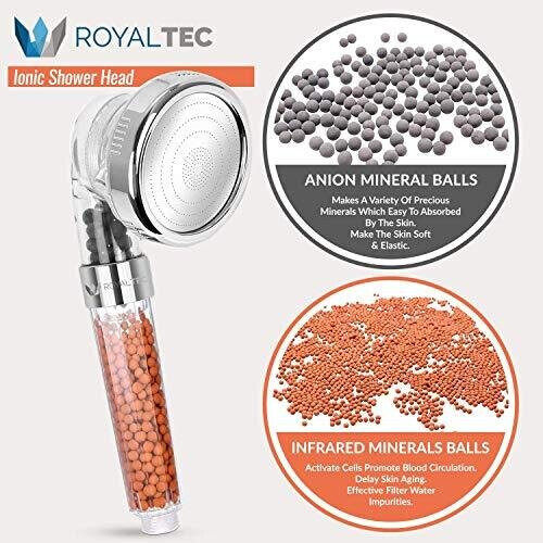 ROYALTEC Ionic Shower Head 3 Way Function, Filter Stone Replacement, Higher Pressure Water Saving, with Spare Replacements Stones 2