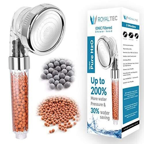 ROYALTEC Ionic Shower Head 3 Way Function, Filter Stone Replacement, Higher Pressure Water Saving, with Spare Replacements Stones