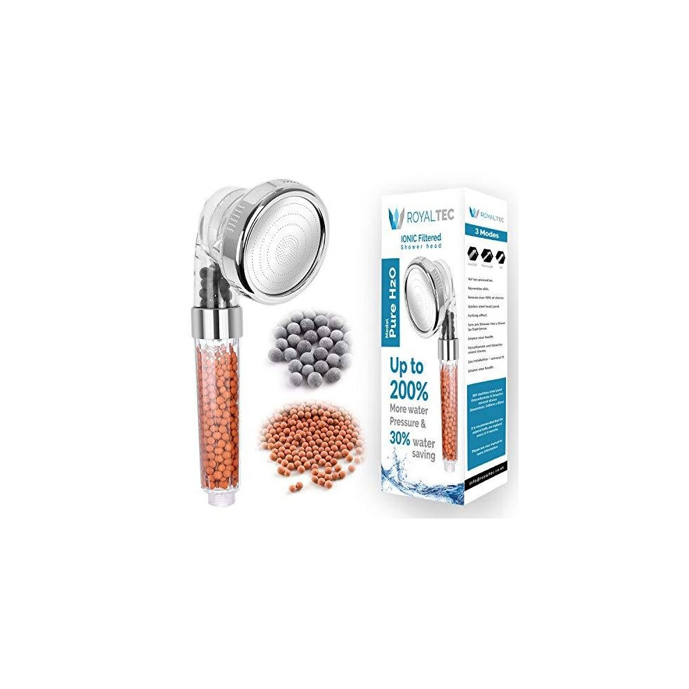 ROYALTEC Ionic Shower Head 3 Way Function, Filter Stone Replacement, Higher Pressure Water Saving, with Spare Replacements Stones