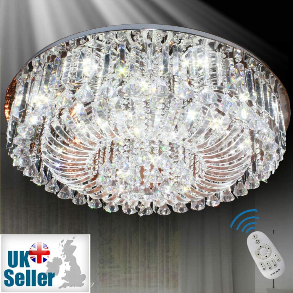 Wdw (Clear) 65Cm Genuine K9 Crystal Flush Ceiling Chandelier 3 Colours + Bluetooth Speakers + Remote Control Light