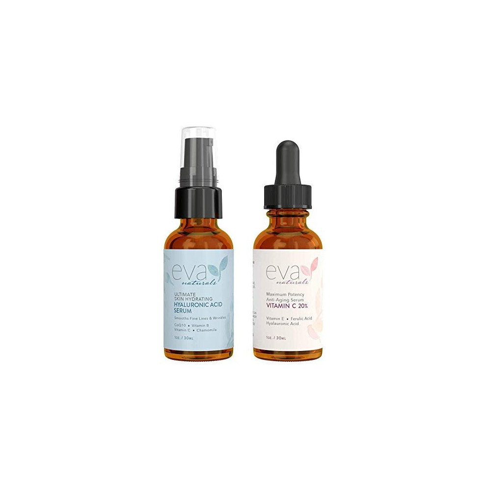 Eva Naturals Hydrate and Brighten Skincare Bundle - Includes Hyaluronic Acid Serum and 20% Vitamin C Serum - Restores Lost Moisture, Plumps Skin while