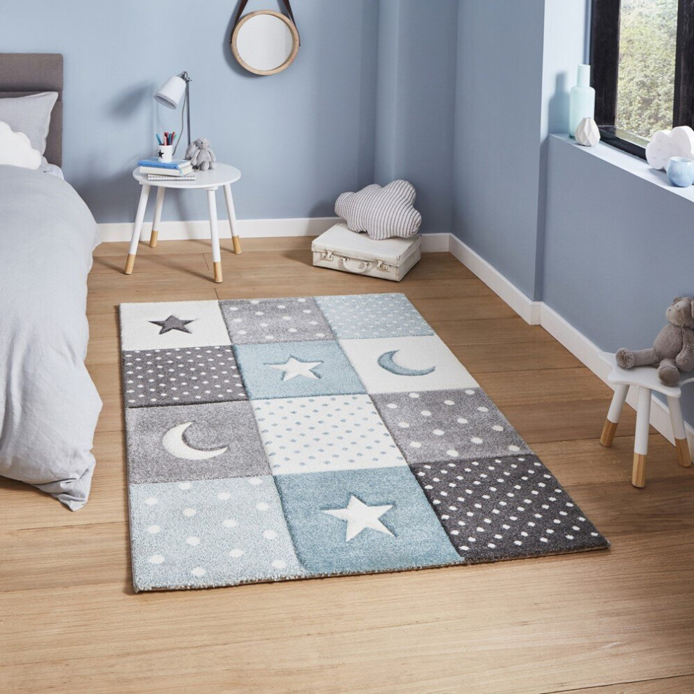 Think Rugs (60X120cm) Brooklyn Kids 20340 Rugs In Hand Carved Durable Children Mats Blue