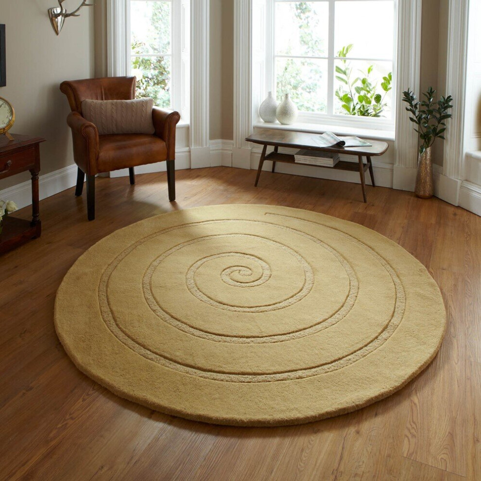 (180x180cm (Circle)	) Spiral Circular Round Wool Rugs in Gold 3D Effect Handmade Mats