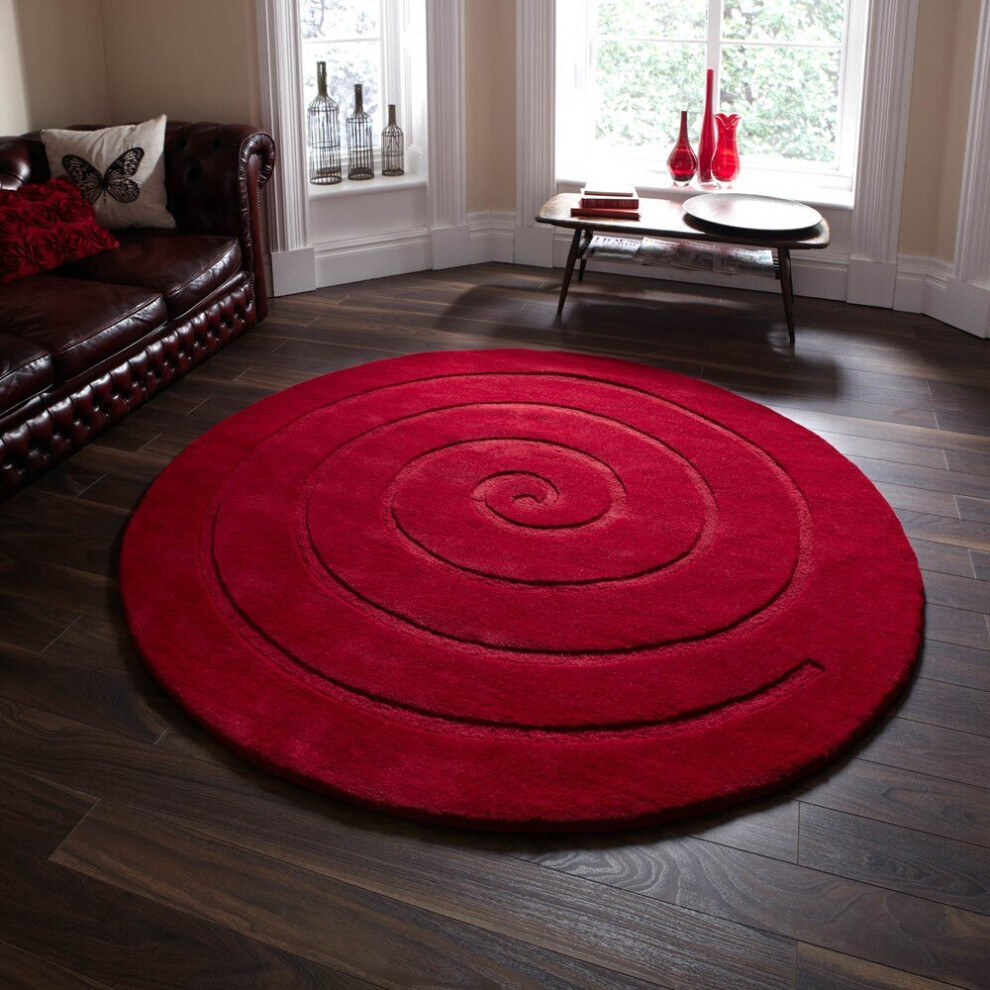 (180x180cm (Circle)	) Spiral Circular Round Wool Rugs in Red 3D Effect Handmade Mats