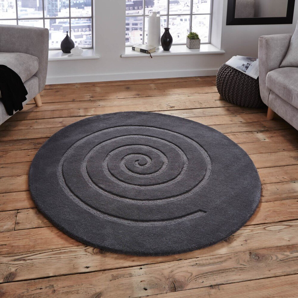 (180x180cm (Circle)	) Spiral Circular Round Wool Rugs in Grey 3D Effect Handmade Mats