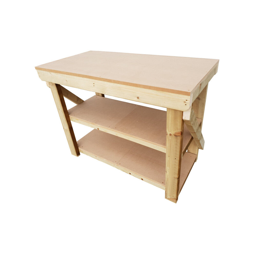 (5Ft, Legs With Wheels) Workbench Mdf Top 18Mm Double Shelf Industrial Wooden Garage Heavy Duty Handmade Table 7426998916681