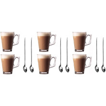 Set of 6 Latte Glasses Mugs 240ml (8.8oz) + FREE 6pk Long Handle (19cm) Latte Spoons - Perfect for Latte, Espresso, Coffee, Tea, Dessert