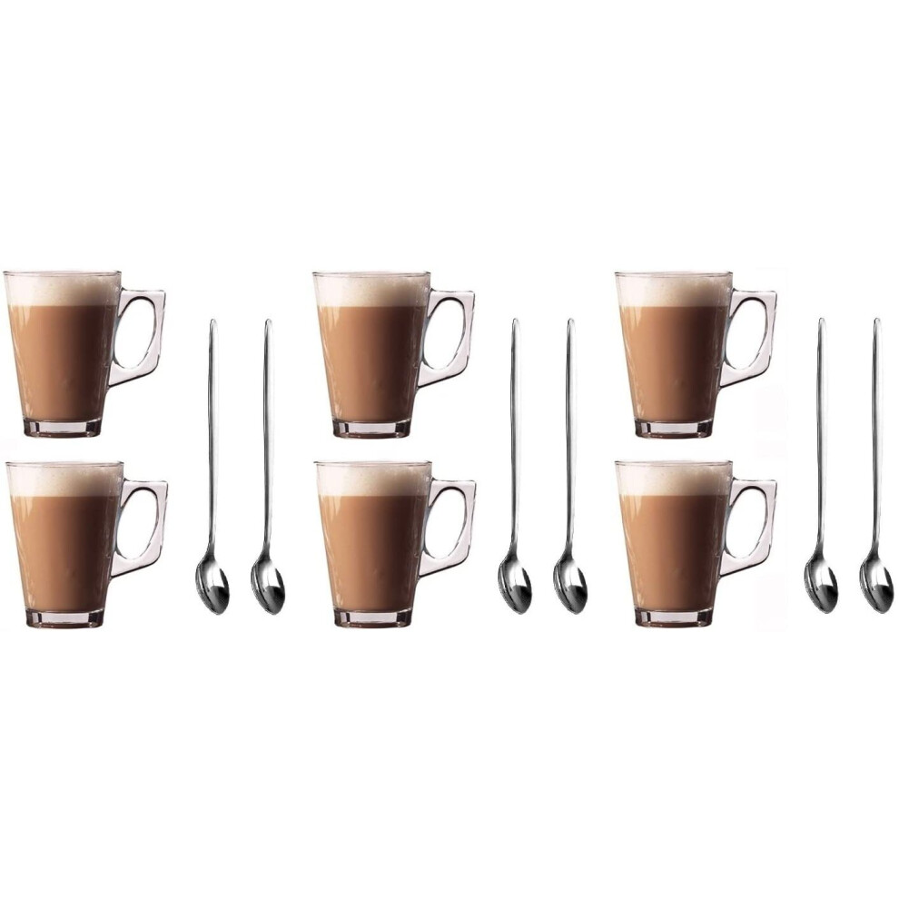 Set of 6 Latte Glasses Mugs 240ml (8.8oz) + FREE 6pk Long Handle (19cm) Latte Spoons - Perfect for Latte, Espresso, Coffee, Tea, Dessert