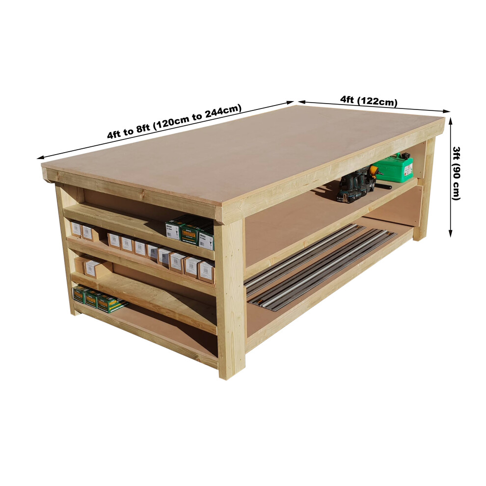 (8ft, Legs With Wheels) Workbench MDF Top Wide Double Shelf 4FT Depth With Side Shelving Wooden Table