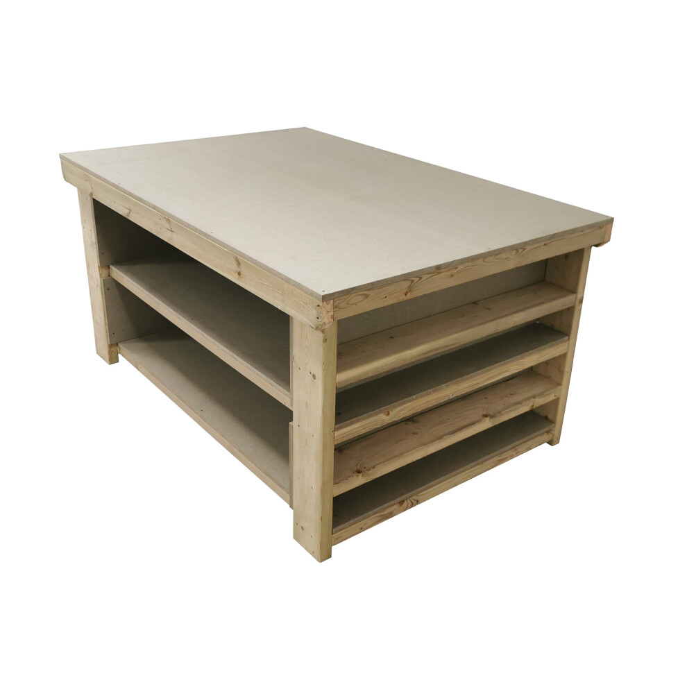 (8Ft, Legs With Wheels) Wooden Workbench Unimdf Extra Shelving 3Ft Depth With Double Shelf Moisture Resistant Top 7426998917206