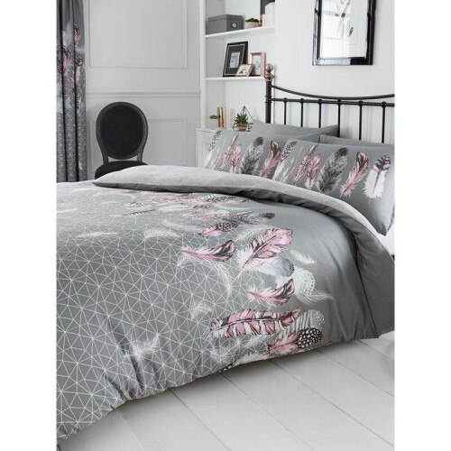 Geometric Feathers King Duvet Cover and Pillowcase Set - Grey