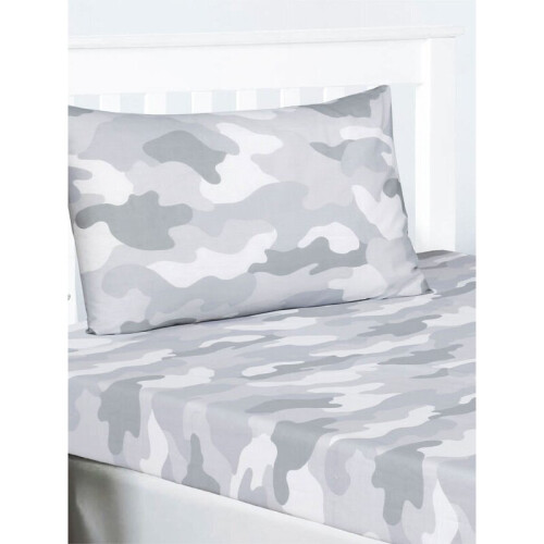 Grey Army Camouflage Double Fitted Sheet and Pillowcase Set