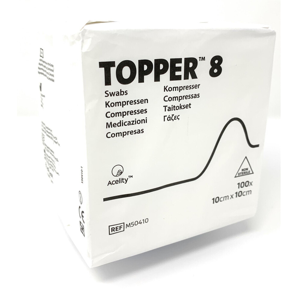 Topper 8 Gauze Swabs 10x10cm (x100) - Rayon/Polyester Non-Woven, Stronger, Highly Absorbent, Cushioned Wound Care, Non-Sterile