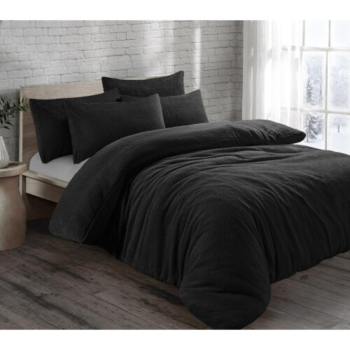 (Black, Double) Teddy Fleece Soft Duvet Cover with Pillow Case