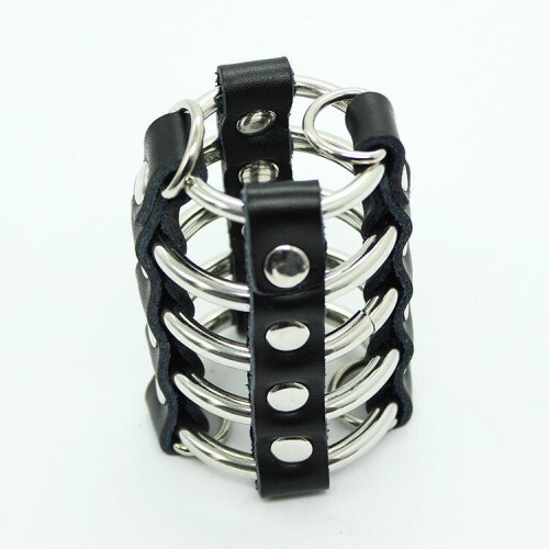 Black Leather & Metal Chasity Cage with Lock